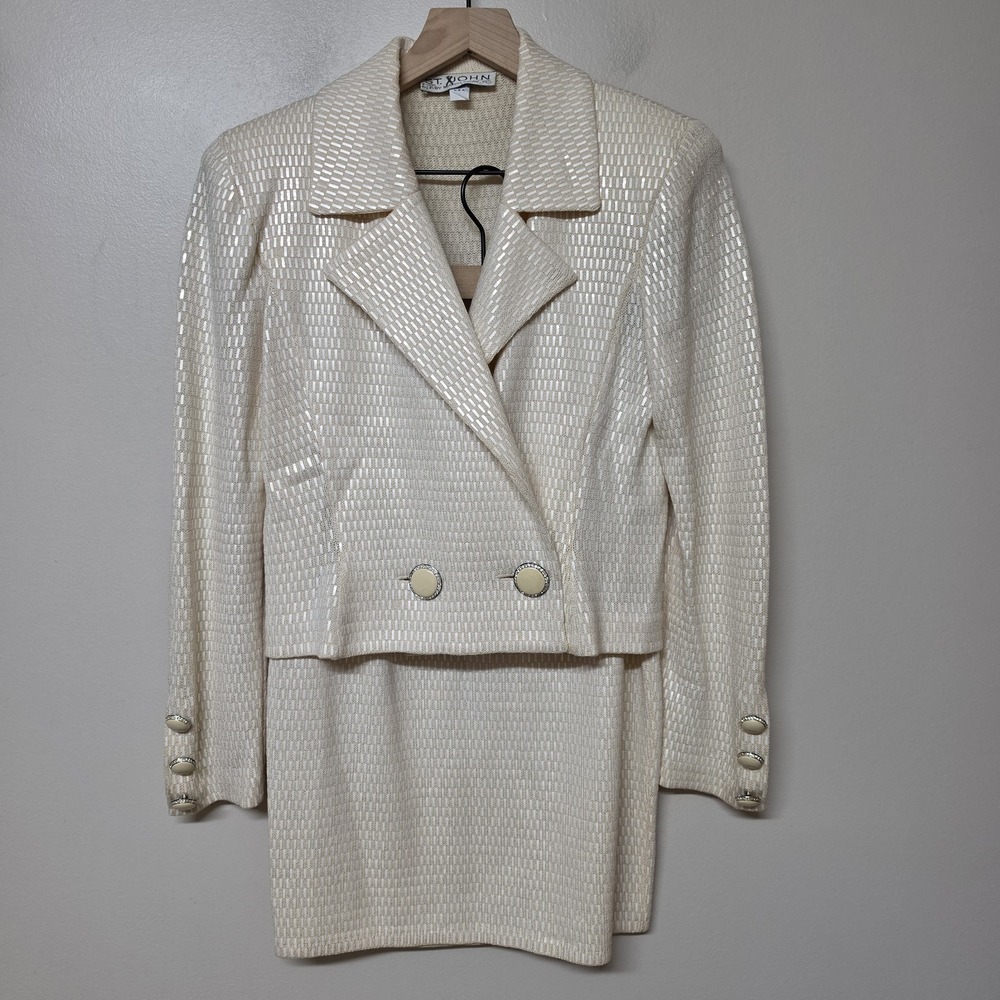 St John Marie Gray Size 2 Skirt Suit Ivory Sequin Knit Rhinestone Button 2PC - Picture 2 of 15